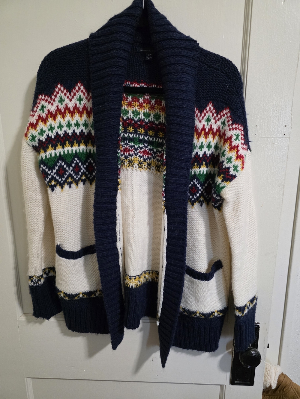 American Eagle Outfitters Vintage Navy and Cream Fair Isle Shawl Cardigan